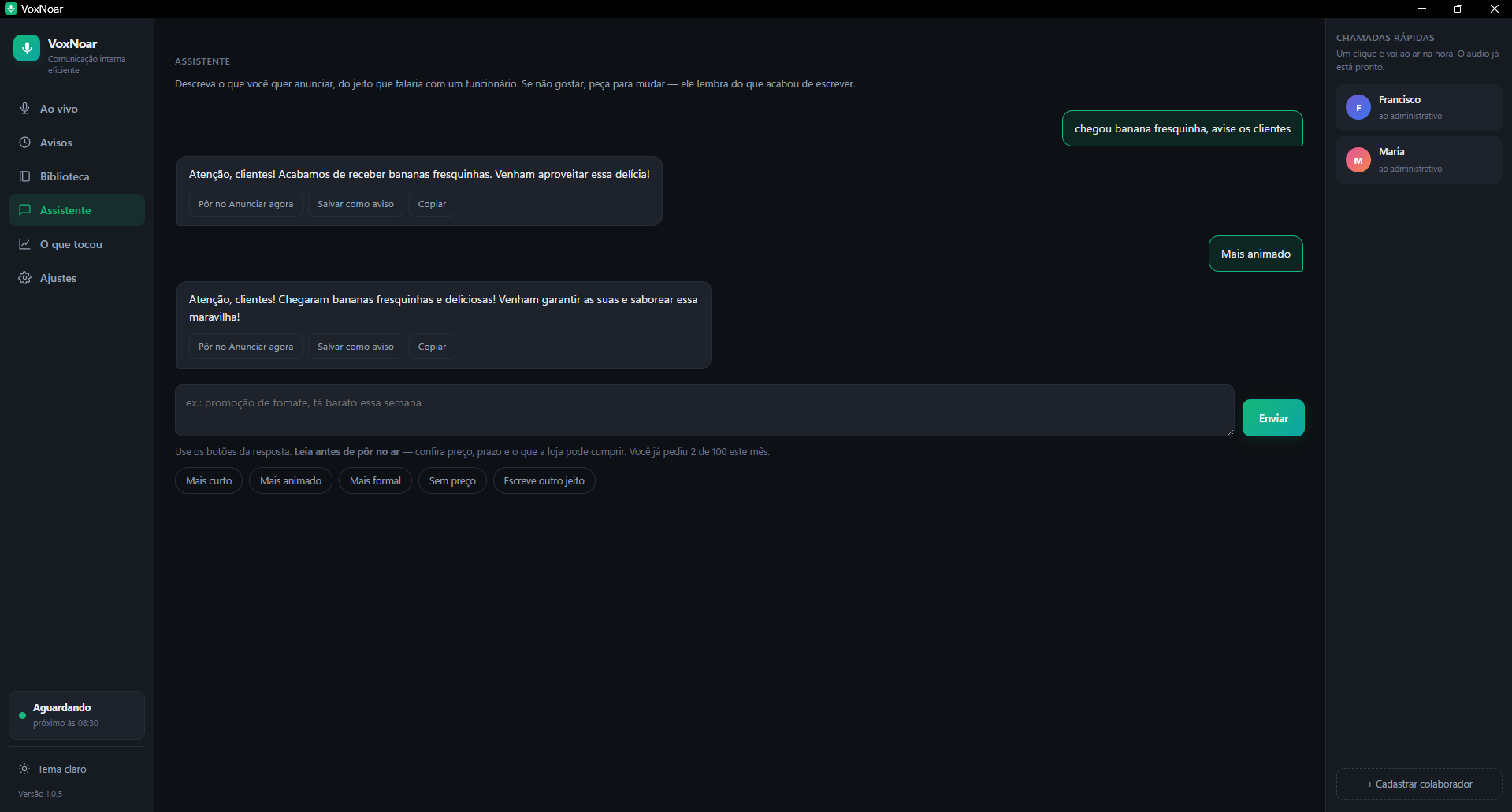 Assistente com inteligência artificial do VoxNoar criando um anúncio em segundos